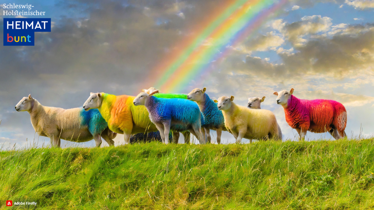 Regenbogen und bunte Schafe auf Deich