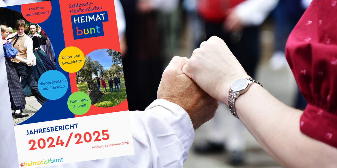 Hintergund: Hände eines Tanzpaares in Tracht, davor Titelseite des Jahresberichtes