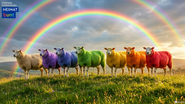 Regenbogen und bunte Schafe auf Deich