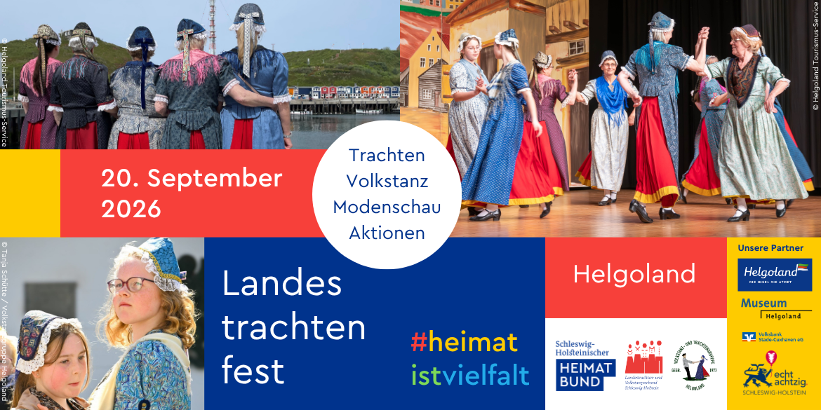 Aufmacher fürs Landestrachtenfest auf Helgoland mit mehreren Bilder von Menschen in Helgoländer Tracht
