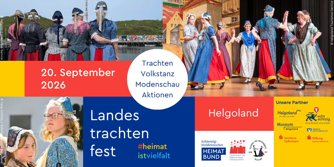 Aufmacher fürs Landestrachtenfest auf Helgoland mit mehreren Bilder von Menschen in Helgoländer Tracht