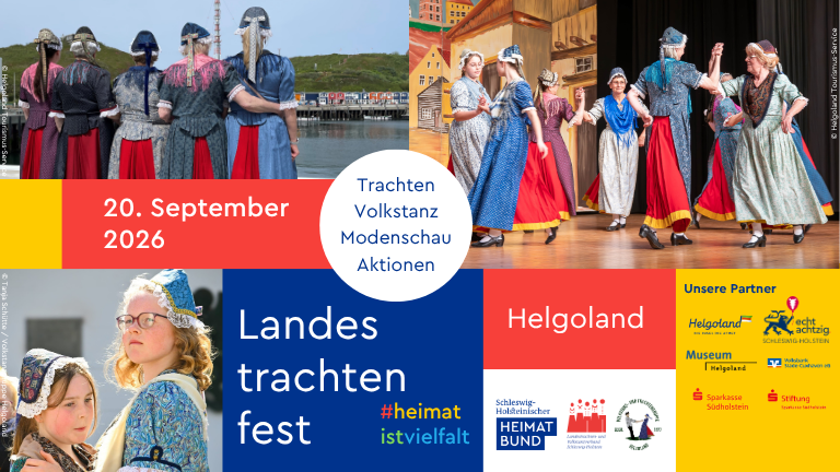 Aufmacher fürs Landestrachtenfest auf Helgoland mit mehreren Bilder von Menschen in Helgoländer Tracht