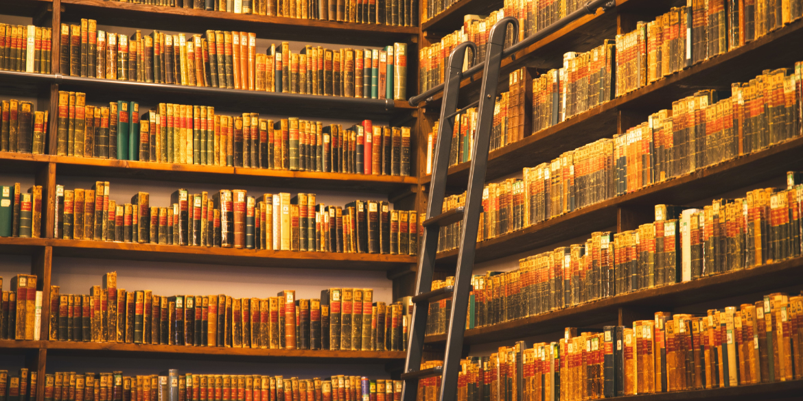 Bibliothek-Wand mit alten Büchern und Leiter