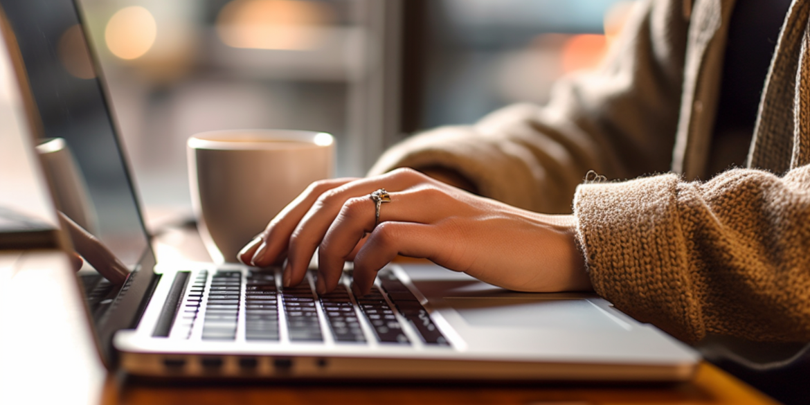 Frauenhand auf Laptoptastatur mit Kaffeetasse im Hintergrund