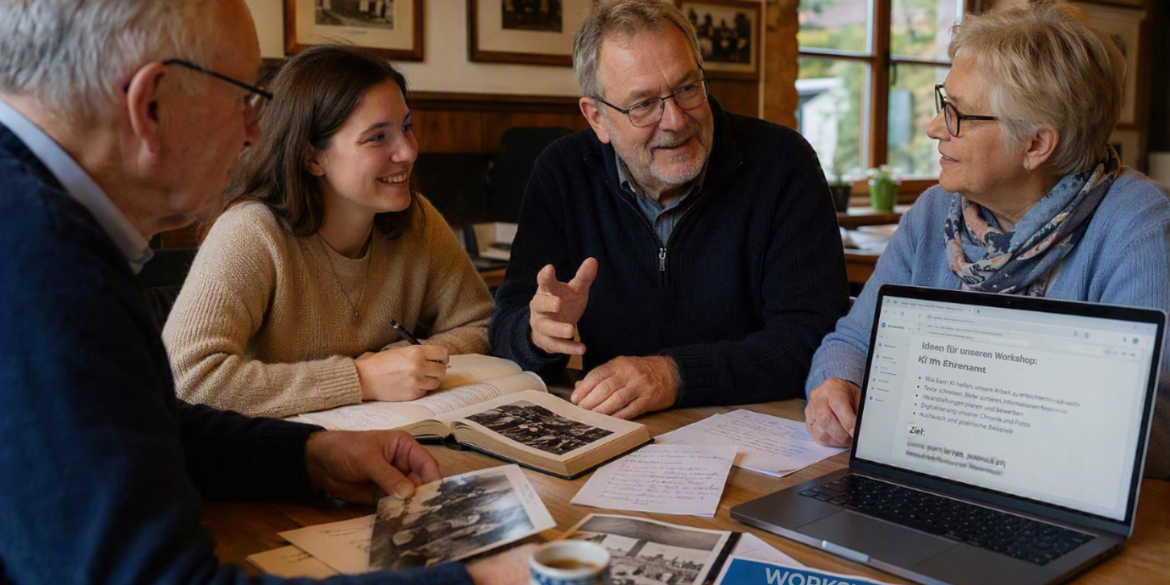 KI-generiertes Foto von vier Personen an Tisch mit alten Fotos und Laptop
