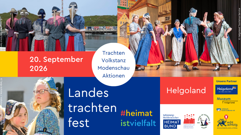 Aufmacher fürs Landestrachtenfest auf Helgoland mit mehreren Bilder von Menschen in Helgoländer Tracht