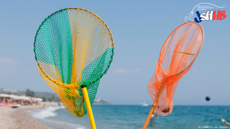 Zwei bunte Kescher mit Strand im Hintergrund