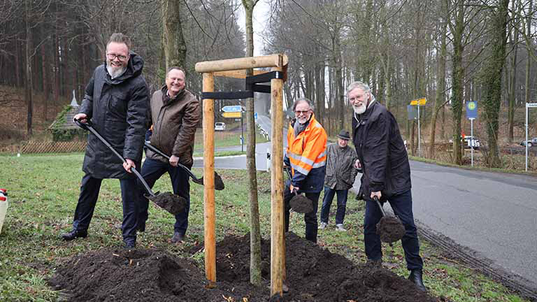 Vier PErsonen pflanzen einen Baum